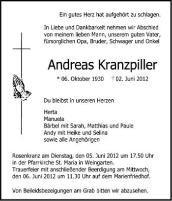 Anzeige von Andreas Kranzpiller von Schwäbische Zeitung