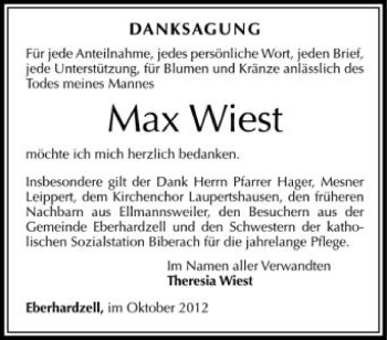Anzeige von Max Wiest von Schwäbische Zeitung