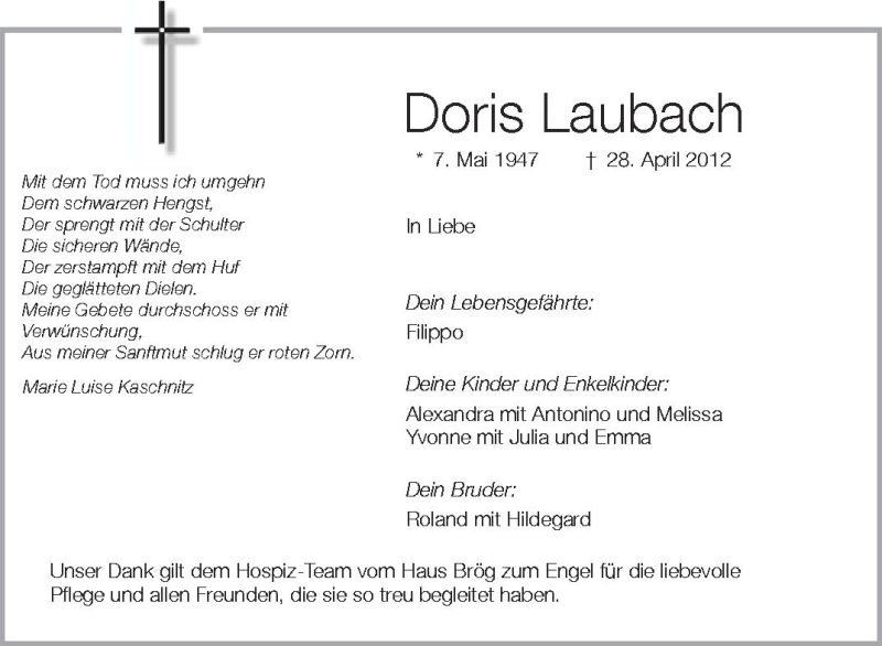 Traueranzeige für Doris Laubach vom 03.05.2012 aus Schwäbische Zeitung