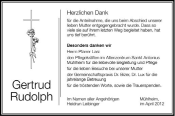 Anzeige von Gertrud Rudolph von Schwäbische Zeitung