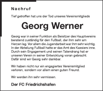 Anzeige von Georg Werner von Schwäbische Zeitung