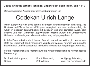 Anzeige von Codekan Ulrich Lange von Schwäbische Zeitung