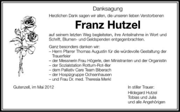 Anzeige von Franz Hutzel von Schwäbische Zeitung