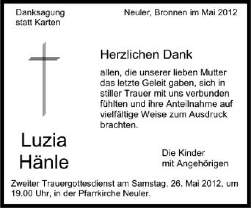  Traueranzeige für Luzia Hänle vom 24.05.2012 aus Schwäbische Zeitung