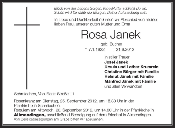 Anzeige von Rosa Janek von Schwäbische Zeitung