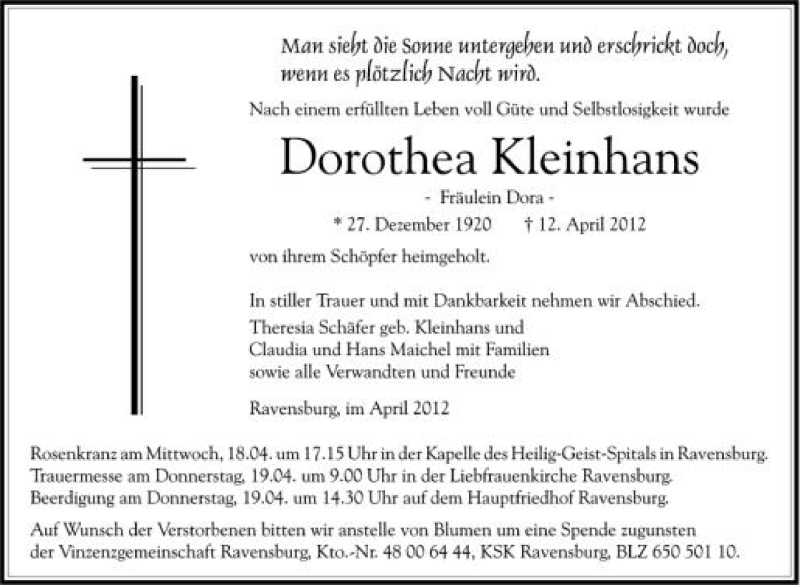  Traueranzeige für Dorothea Kleinhans vom 14.04.2012 aus Schwäbische Zeitung