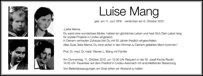  Traueranzeige für Luise Mang vom 09.10.2012 aus Schwäbische Zeitung
