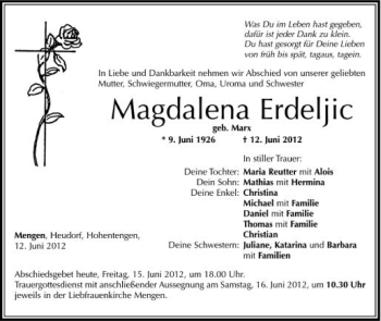 Anzeige von Magdalena Erdeljic von Schwäbische Zeitung