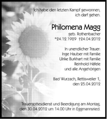 Anzeige von Philomena Magg von Schwäbische Zeitung