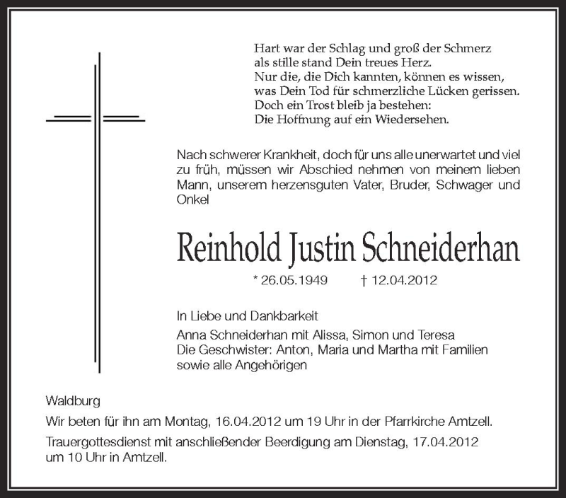  Traueranzeige für Reinhold Justin Schneiderhan vom 14.04.2012 aus Schwäbische Zeitung