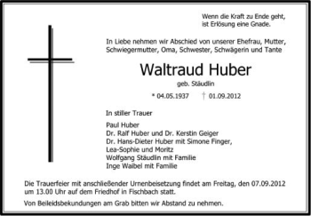 Anzeige von Waltraud Huber von Schwäbische Zeitung