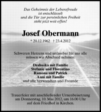 Anzeige von Josef Obermann von Schwäbische Zeitung