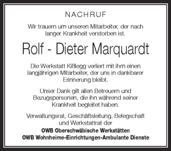 Anzeige von Rolf-Dieter Marquardt von Schwäbische Zeitung