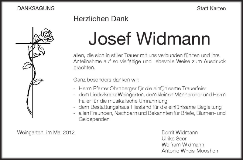  Traueranzeige für Josef Widmann vom 30.05.2012 aus Schwäbische Zeitung