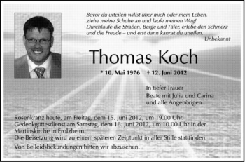 Anzeige von Thomas Koch von Schwäbische Zeitung
