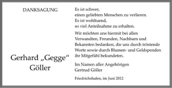 Anzeige von Gerhard Göller von Schwäbische Zeitung
