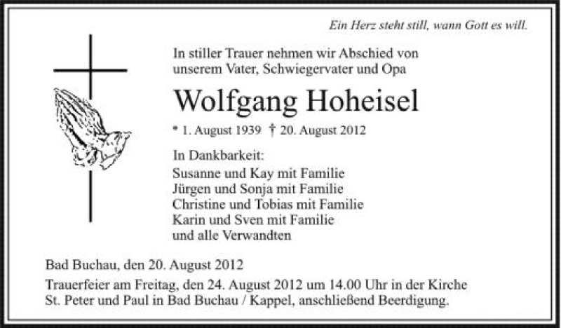  Traueranzeige für Wolfgang Hoheisel vom 23.08.2012 aus Schwäbische Zeitung