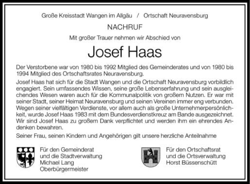  Traueranzeige für Josef Haas vom 10.05.2012 aus Schwäbische Zeitung