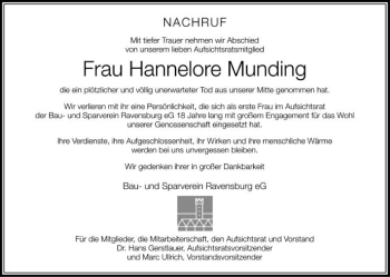 Anzeige von Hannelore Munding von Schwäbische Zeitung