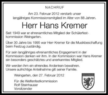 Anzeige von Hans Kremer von Schwäbische Zeitung