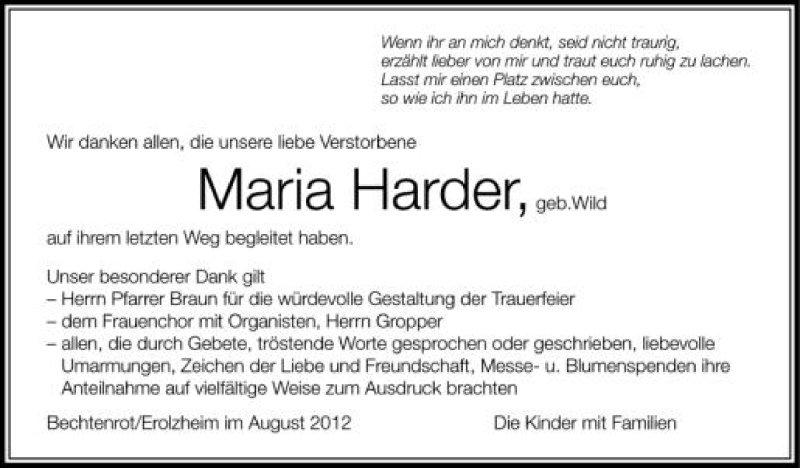  Traueranzeige für Maria Harder vom 04.08.2012 aus Schwäbische Zeitung
