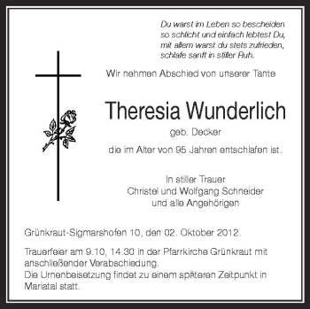 Anzeige von Theresia Wunderlich von Schwäbische Zeitung