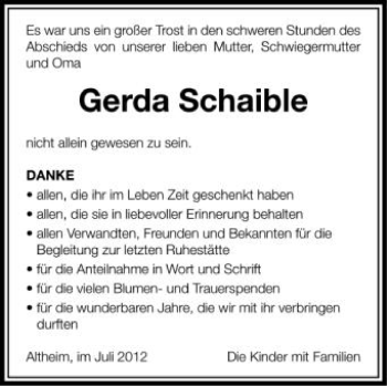 Anzeige von Gerda Schaible von Schwäbische Zeitung