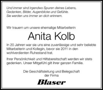 Anzeige von Anita Kolb von Schwäbische Zeitung