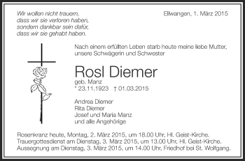 Anzeige von Rosl Diemer von Schwäbische Zeitung