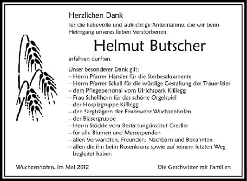  Traueranzeige für Helmut Butscher vom 24.05.2012 aus Schwäbische Zeitung