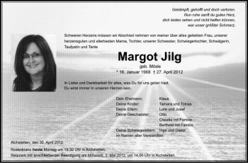 Anzeige von Margot Jilg von Schwäbische Zeitung