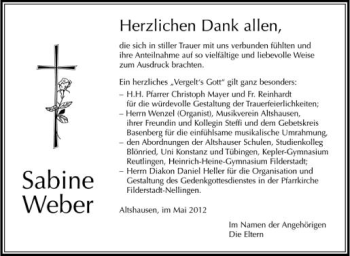 Anzeige von Sabine Weber von Schwäbische Zeitung