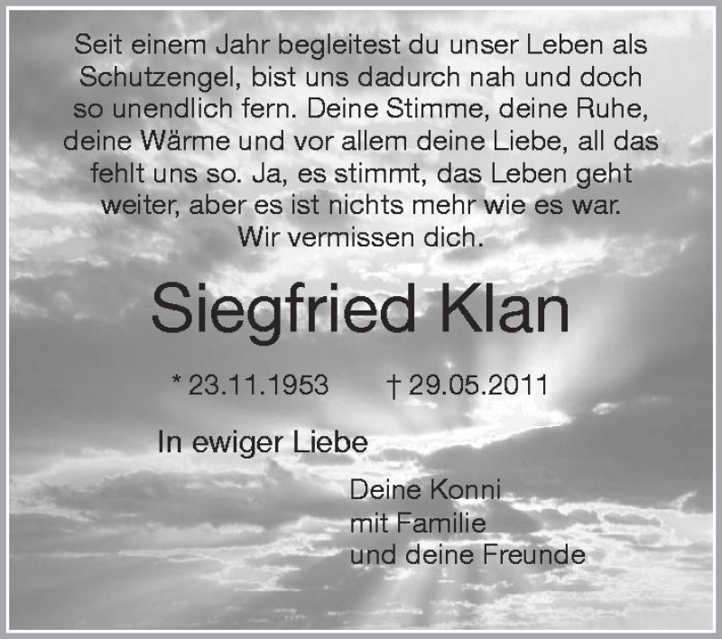  Traueranzeige für Siegfried Klan vom 29.05.2012 aus Schwäbische Zeitung