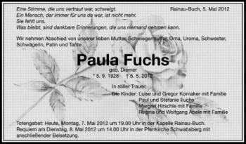 Anzeige von Paula Fuchs von Schwäbische Zeitung