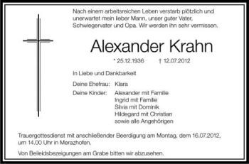 Anzeige von Alexander Krahn von Schwäbische Zeitung