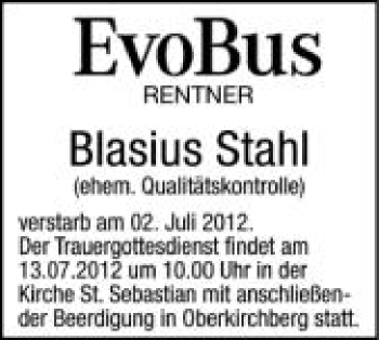 Anzeige von Blasius Stahl von Schwäbische Zeitung