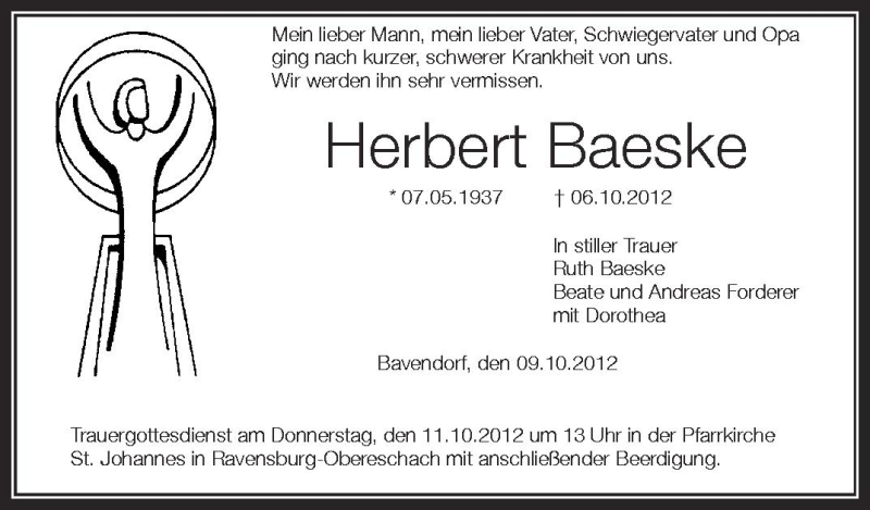  Traueranzeige für Herbert Baeske vom 09.10.2012 aus Schwäbische Zeitung