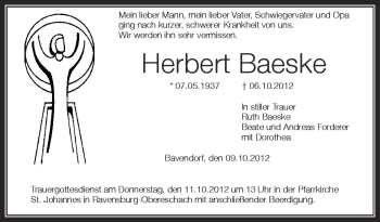 Anzeige von Herbert Baeske von Schwäbische Zeitung