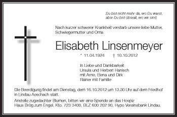 Anzeige von Elisabeth Linsenmeyer von Schwäbische Zeitung