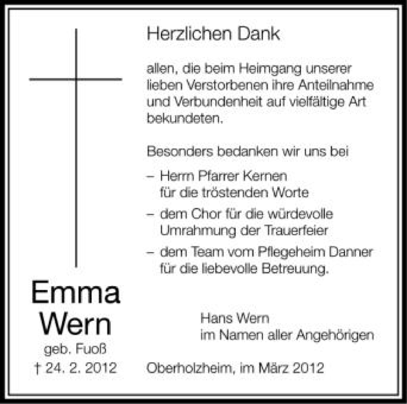  Traueranzeige für Emma Wern vom 10.03.2012 aus Schwäbische Zeitung