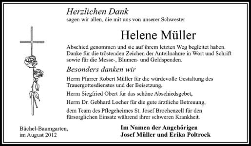  Traueranzeige für Helene Müller vom 04.08.2012 aus Schwäbische Zeitung