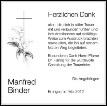 Anzeige von Manfred Binder von Schwäbische Zeitung