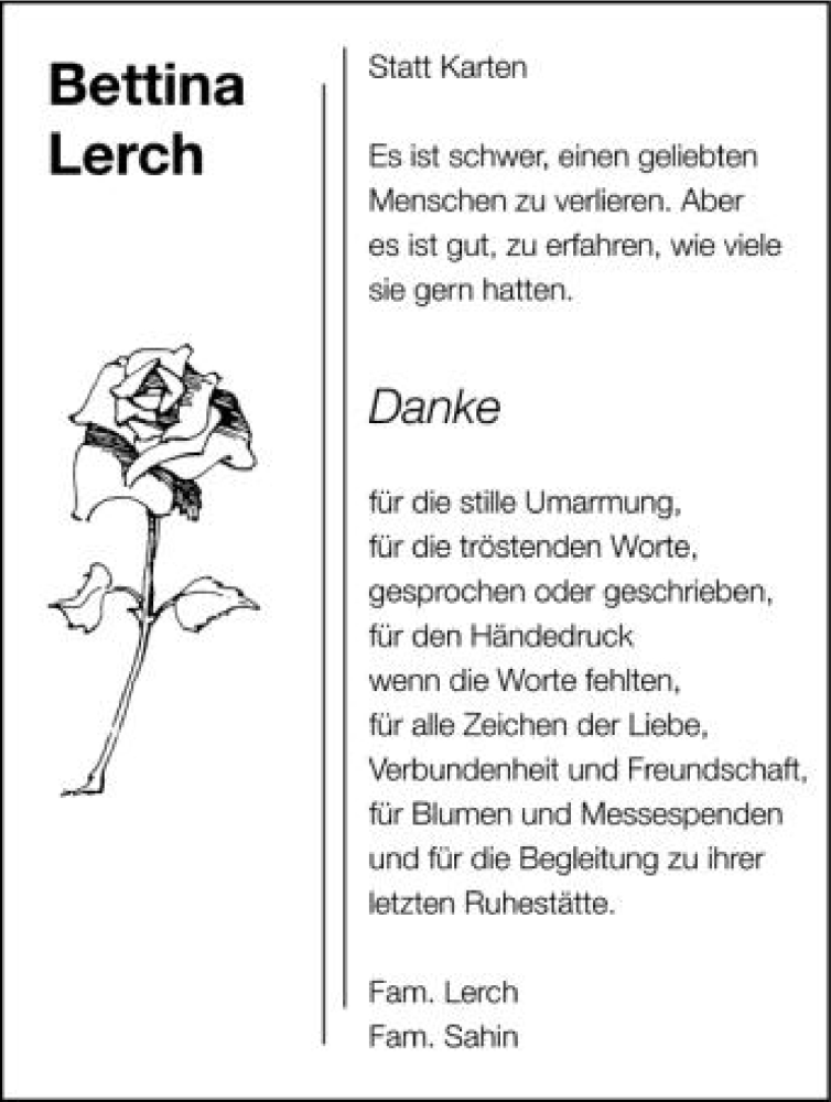  Traueranzeige für Bettina Lerch vom 29.09.2012 aus Schwäbische Zeitung