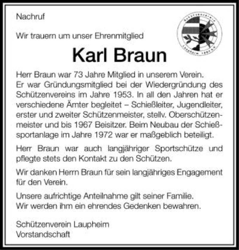 Traueranzeige für Karl Braun vom 04.09.2012 aus Schwäbische Zeitung