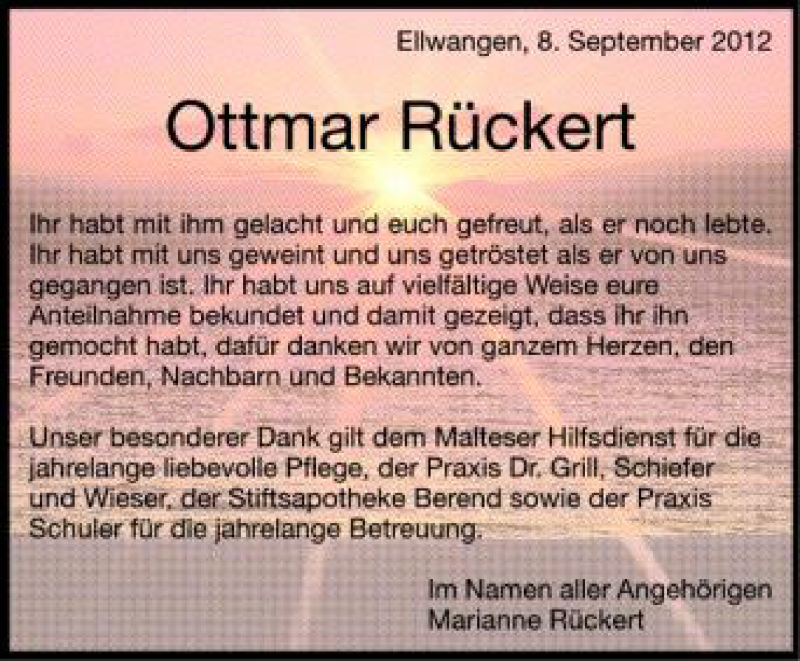  Traueranzeige für Ottmar Rückert vom 08.09.2012 aus Schwäbische Zeitung