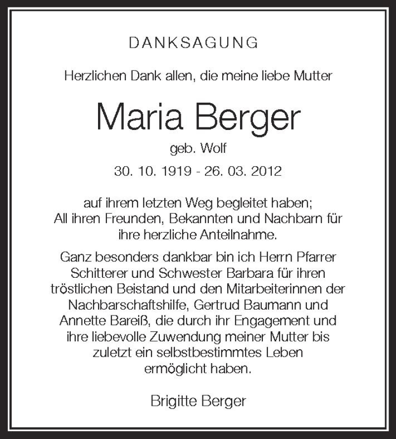  Traueranzeige für Maria Berger vom 14.04.2012 aus Schwäbische Zeitung
