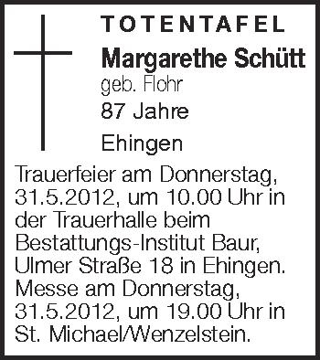 Anzeige von Margarethe Schütt von Schwäbische Zeitung
