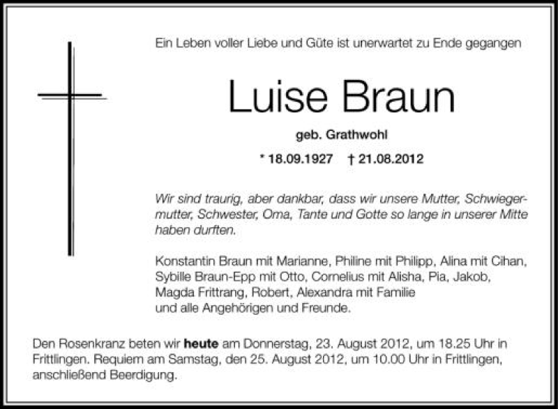  Traueranzeige für Luise Braun vom 23.08.2012 aus Schwäbische Zeitung