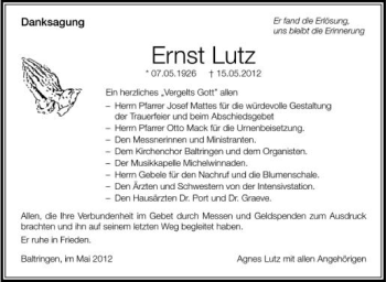 Anzeige von Ernst Lutz von Schwäbische Zeitung