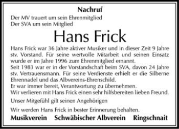 Anzeige von Hans Frick von Schwäbische Zeitung